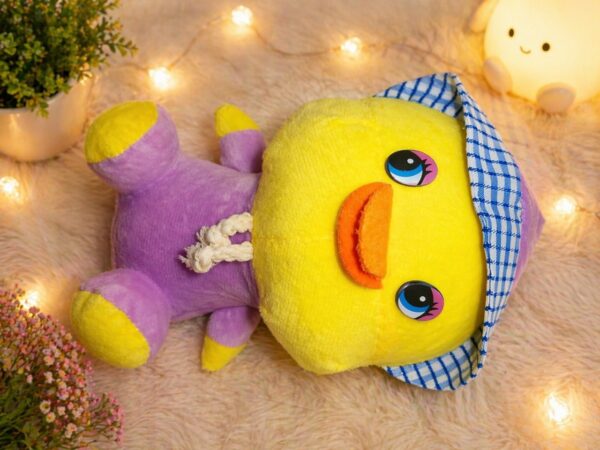 Cute soft duck toy made with child-safe materials, perfect for kids to play, hug, and use as a lovely room decoration or gift.
